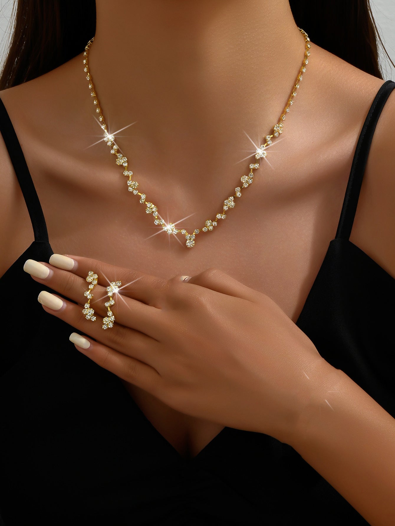 Irregular Copper Jewelry Set For Women In Simple Style With Electroplated Gold Plating And Rhinestone Inlay