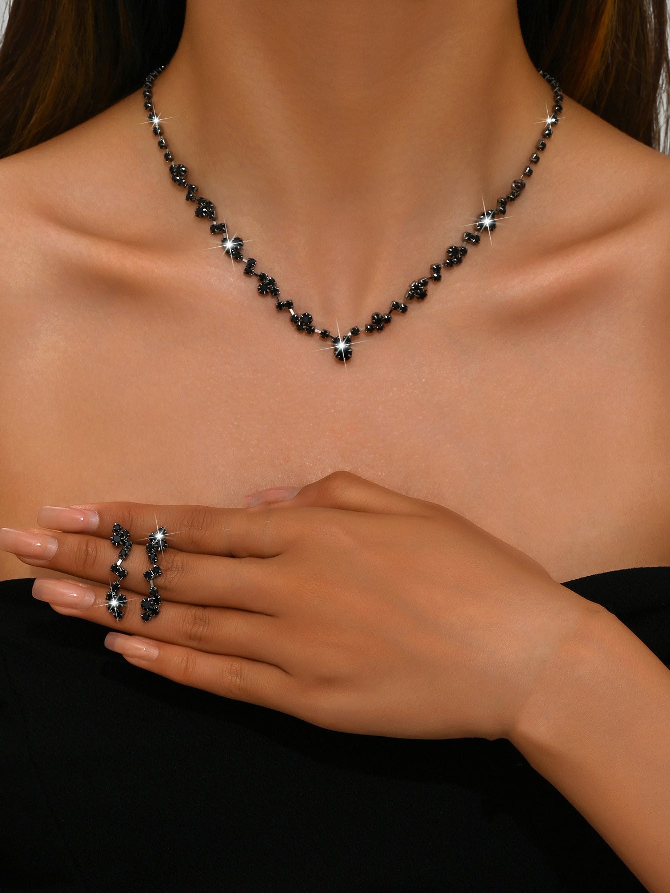 Irregular Copper Jewelry Set For Women In Simple Style With Electroplated Gold Plating And Rhinestone Inlay