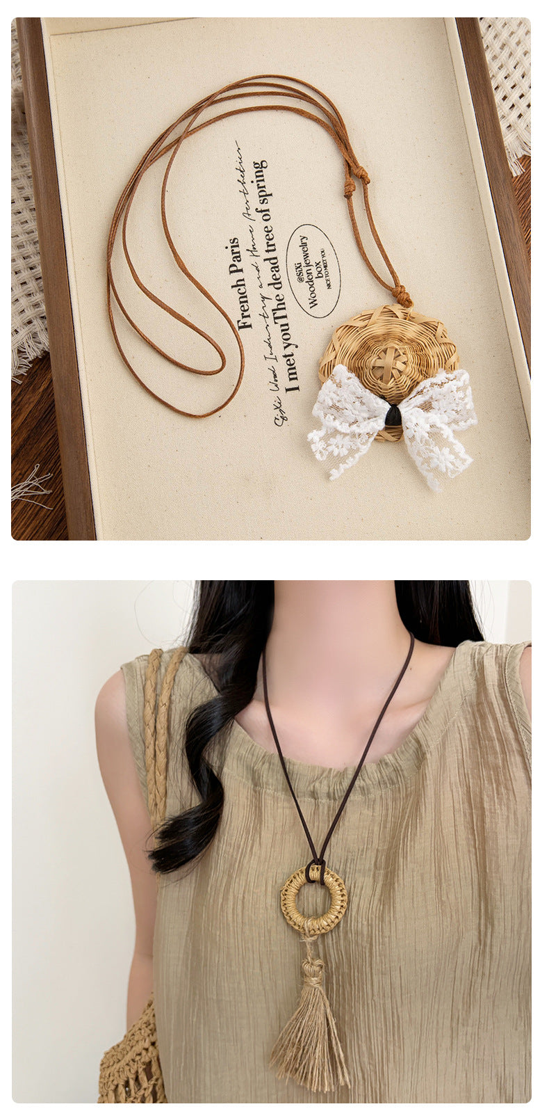 Bohemian Straw Flowers Necklace For Women With Rope Chain And Raffia Pendant, Featuring Braided Craft