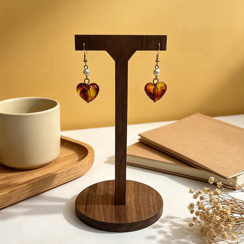 Heart Shape Earrings For Women Featuring Amber Inlay And Zinc Alloy Ear Pins In Retro Style