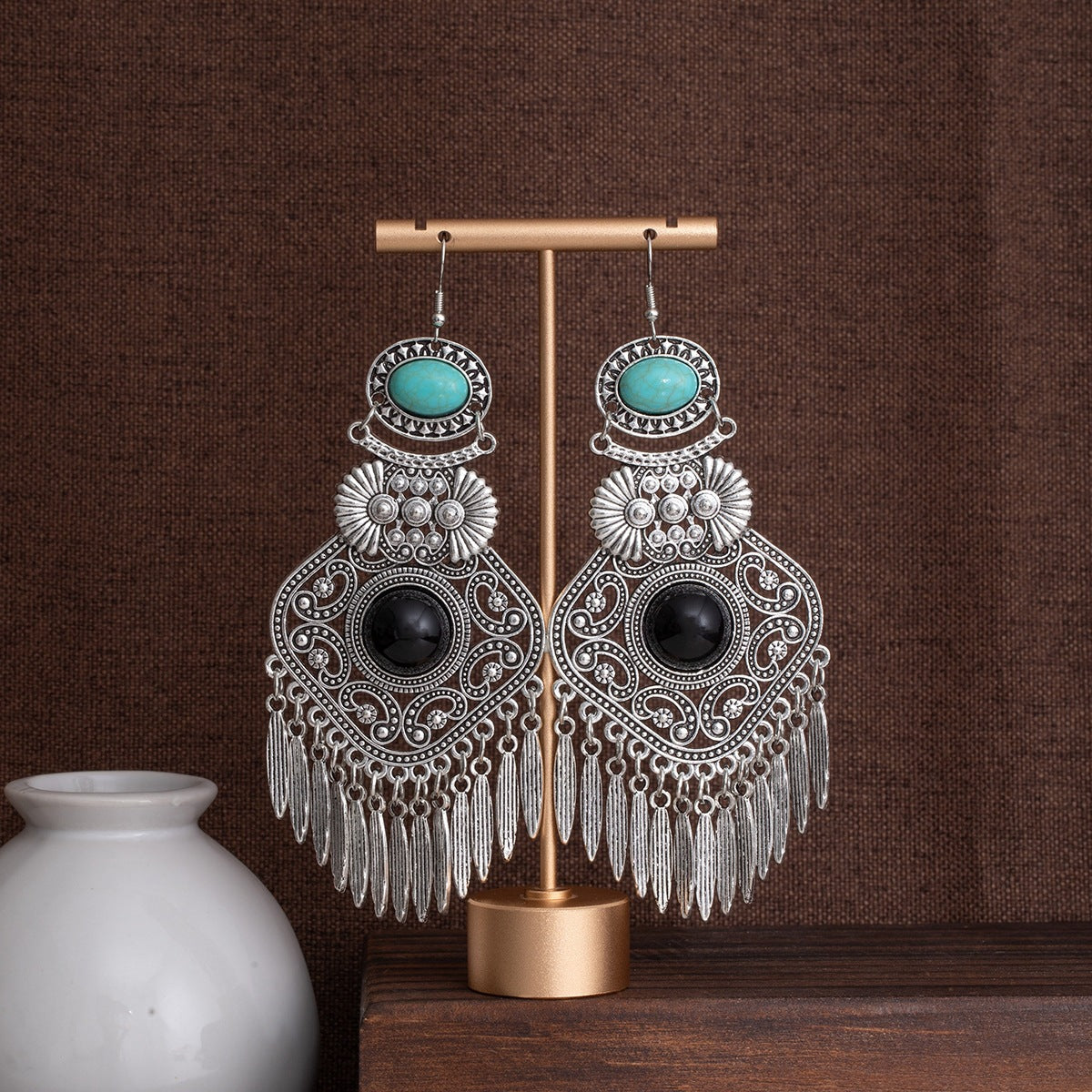 Ethnic Style Tassel Earrings For Women In Red Alloy With Turquoise Inlay