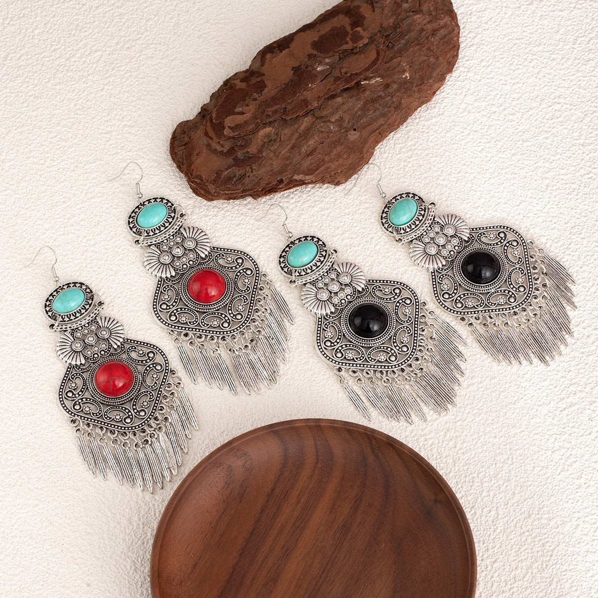 Ethnic Style Tassel Earrings For Women In Red Alloy With Turquoise Inlay