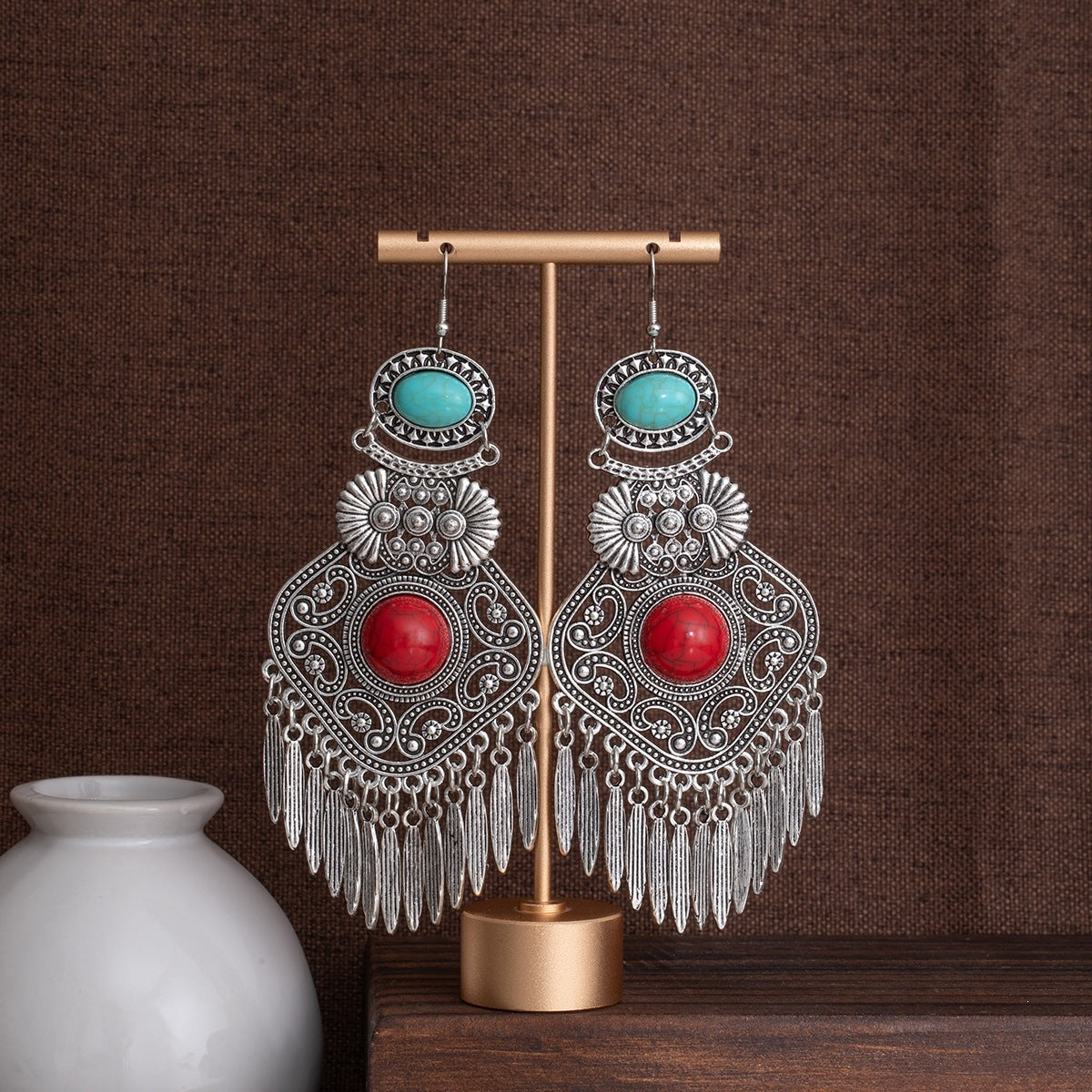 Ethnic Style Tassel Earrings For Women In Red Alloy With Turquoise Inlay