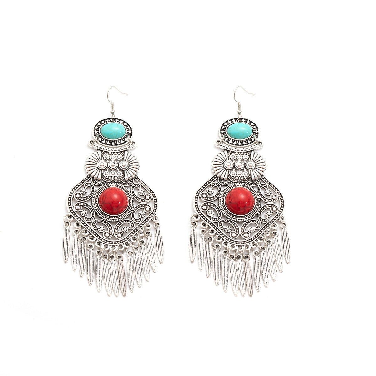 Ethnic Style Tassel Earrings For Women In Red Alloy With Turquoise Inlay