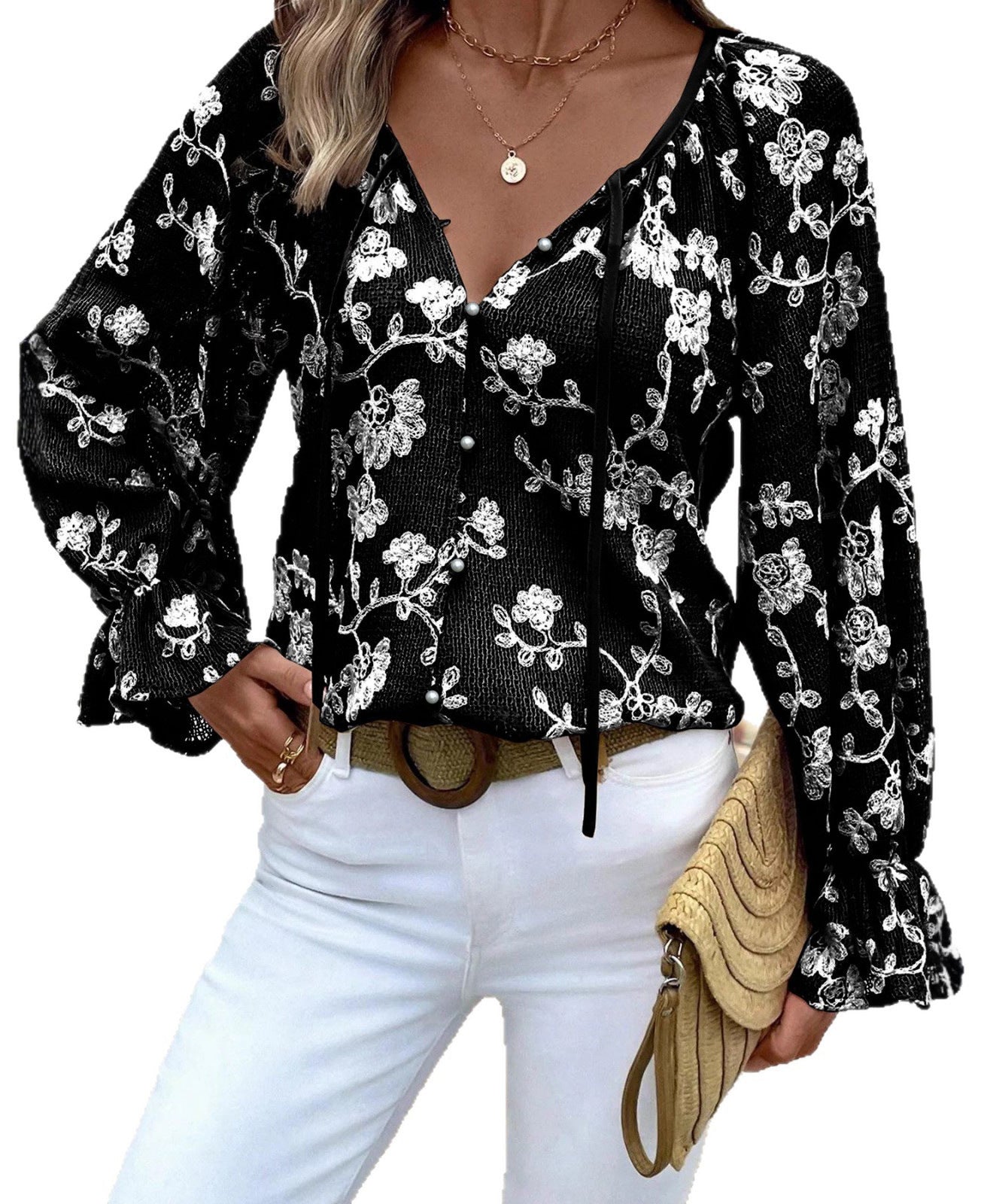 Casual Long Sleeve Flowers Knitwear With Embroidery In Knitted Fabric For Women