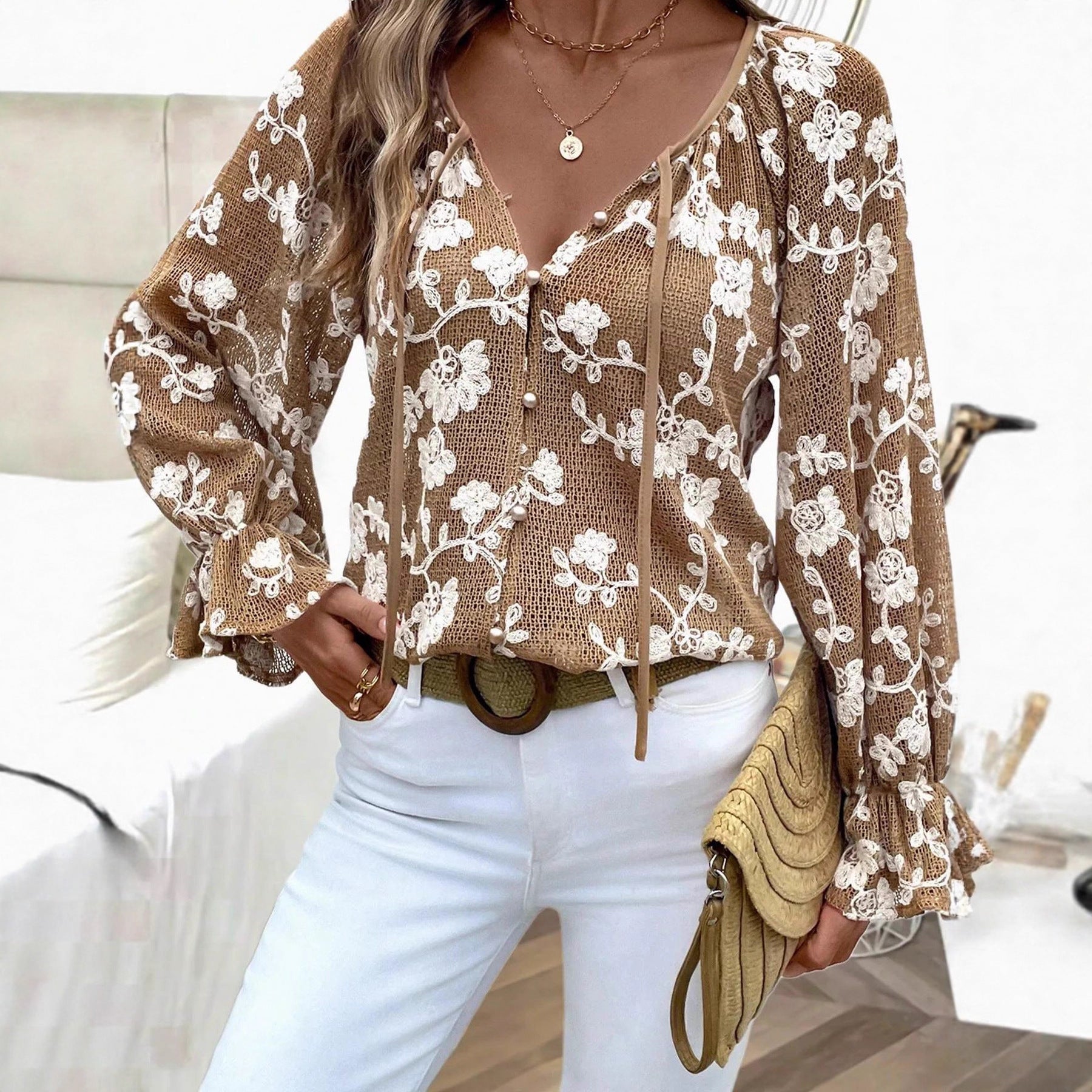 Casual Long Sleeve Flowers Knitwear With Embroidery In Knitted Fabric For Women