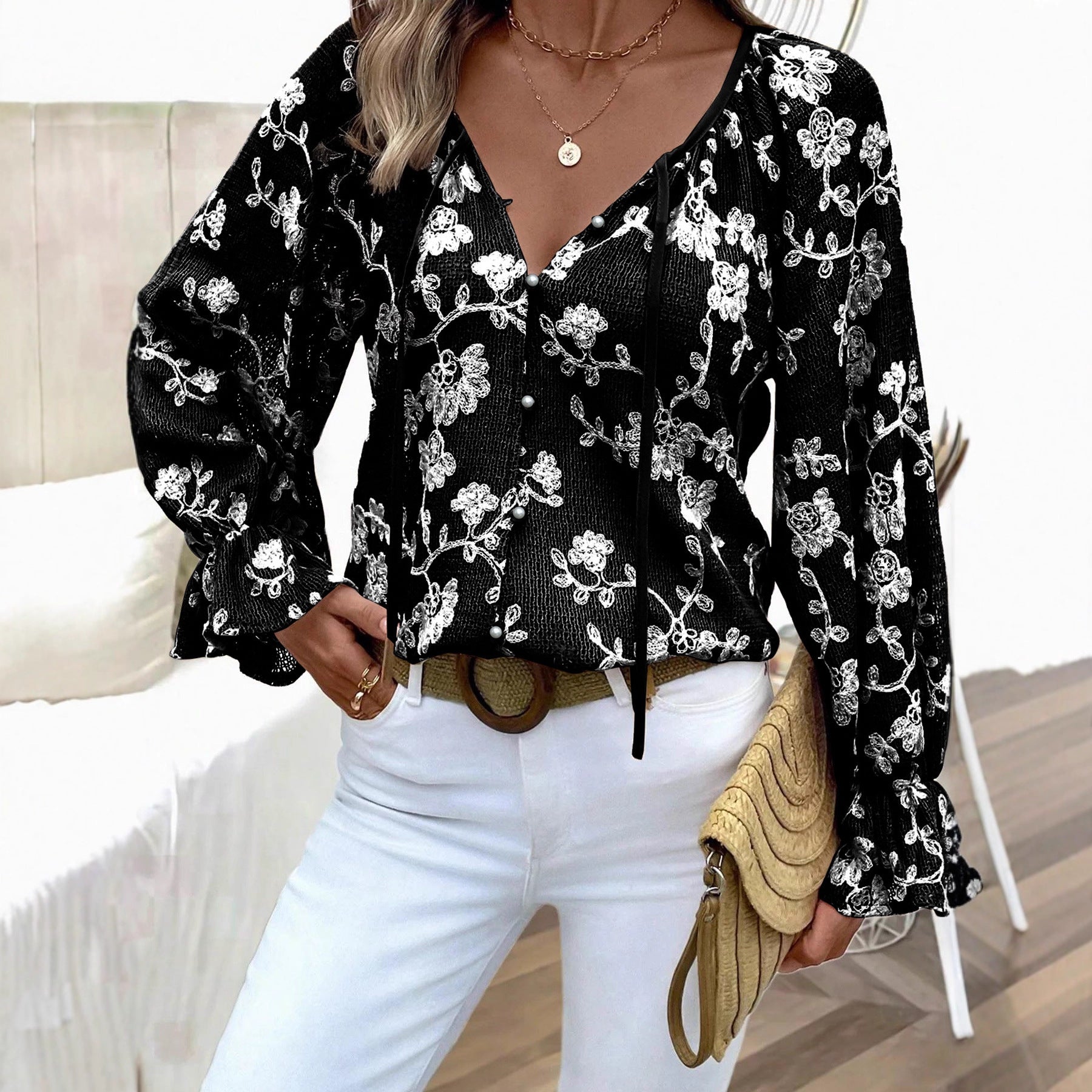 Casual Long Sleeve Flowers Knitwear With Embroidery In Knitted Fabric For Women