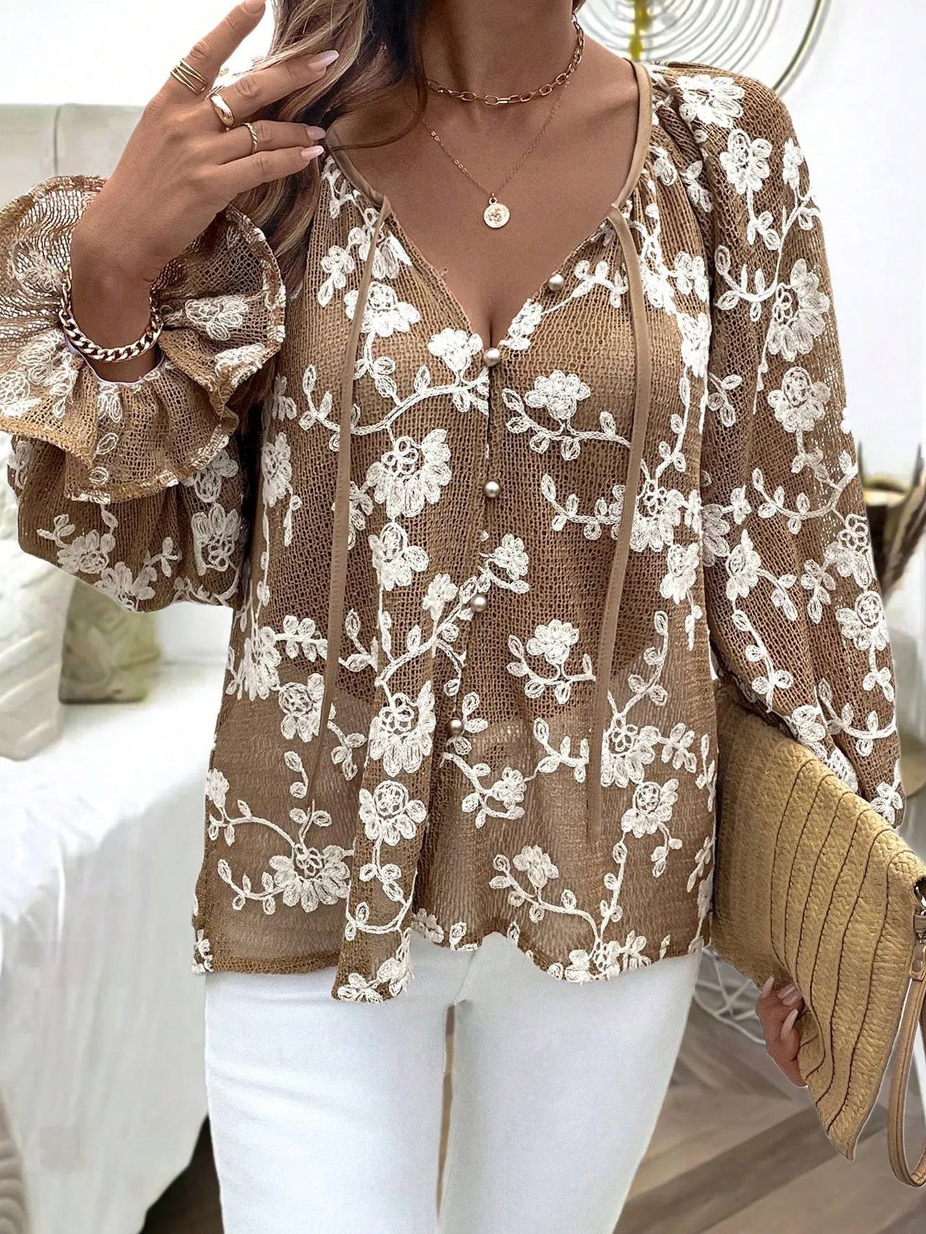 Casual Long Sleeve Flowers Knitwear With Embroidery In Knitted Fabric For Women