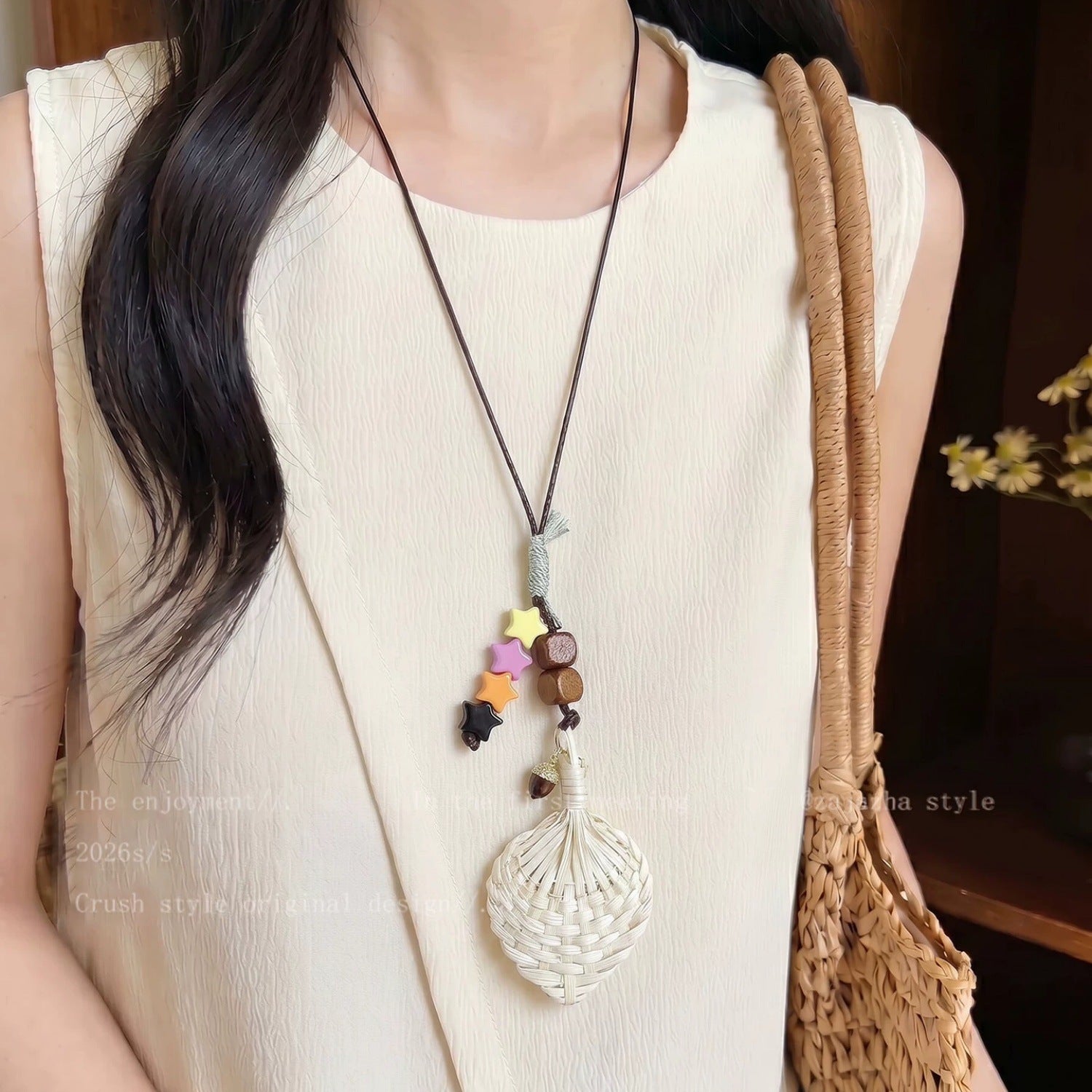 Bohemian Sector Braid Necklace For Women With Woven Chain In Mixed Materials