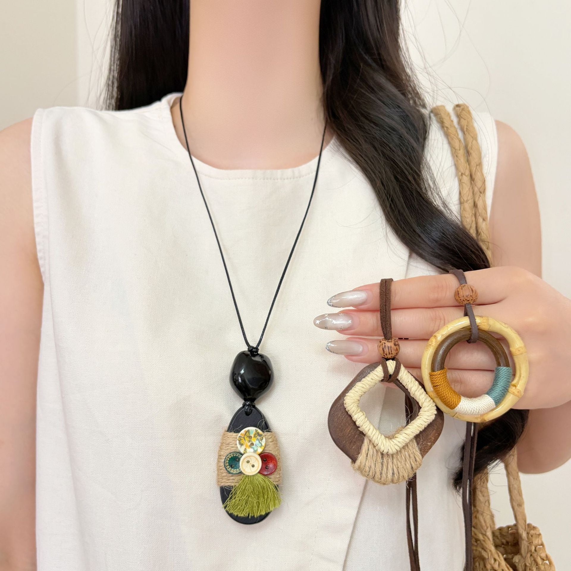 Ethnic Style Woven Chain Sweater Necklace With Wood Pendant For Women Featuring Braid Craft