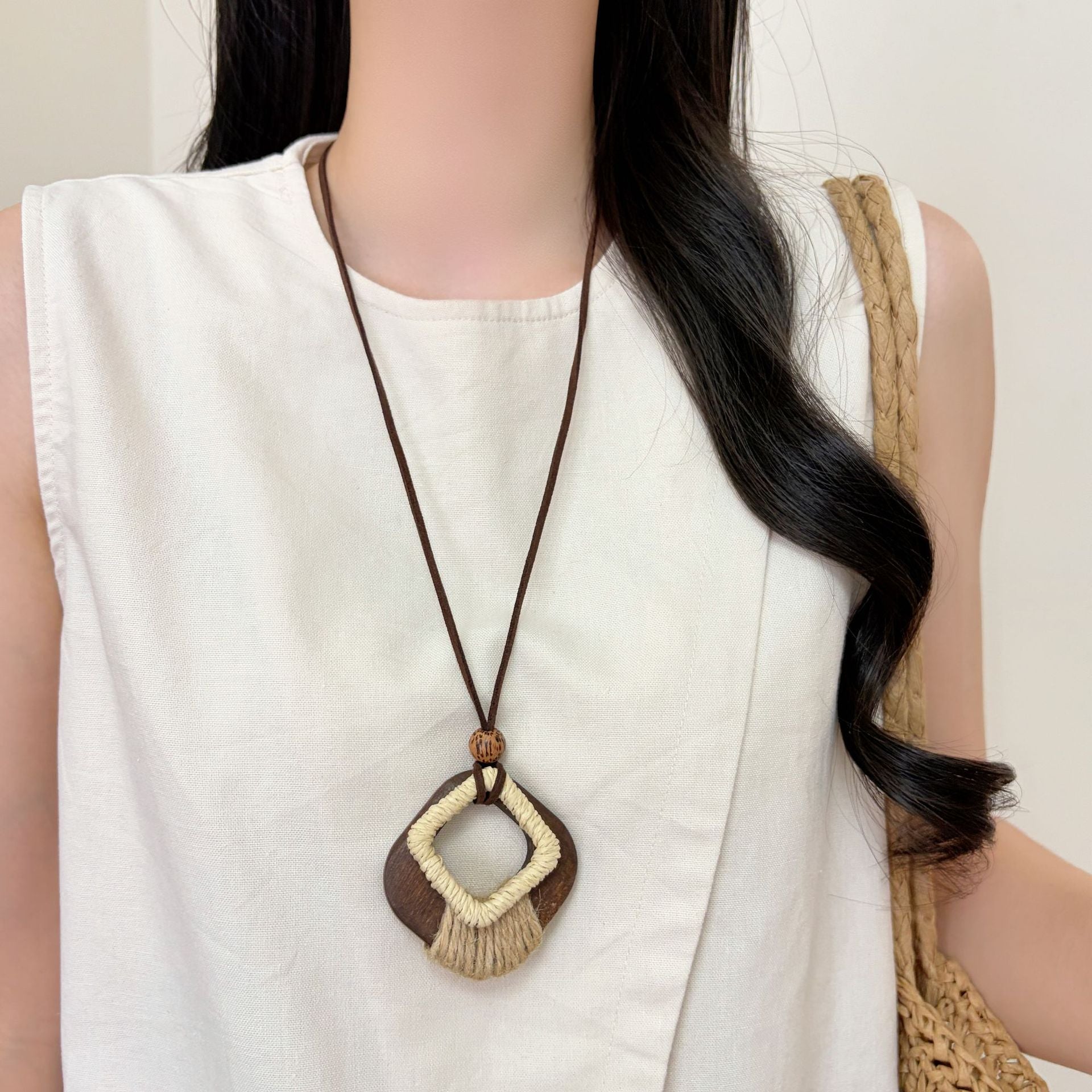 Ethnic Style Woven Chain Sweater Necklace With Wood Pendant For Women Featuring Braid Craft