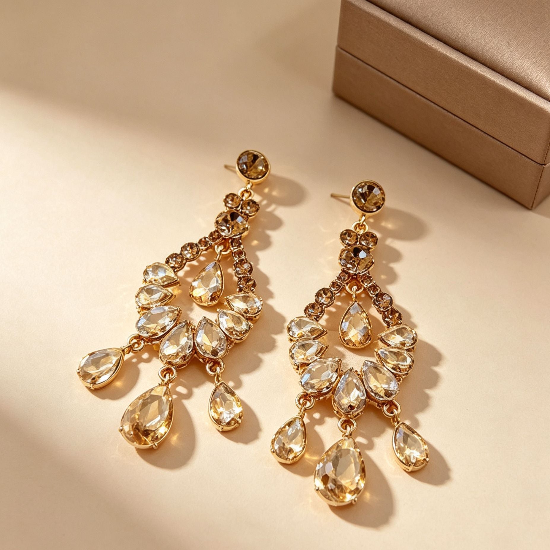 Exaggerated Water Droplets Earrings For Women With Gold Alloy Tassel And Crystal Inlay
