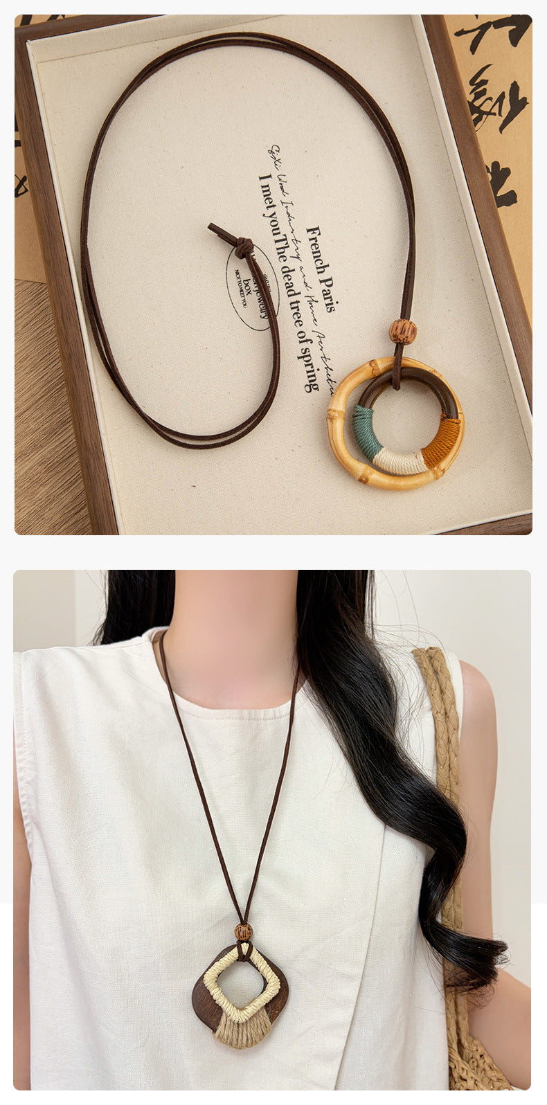 Ethnic Style Woven Chain Sweater Necklace With Wood Pendant For Women Featuring Braid Craft