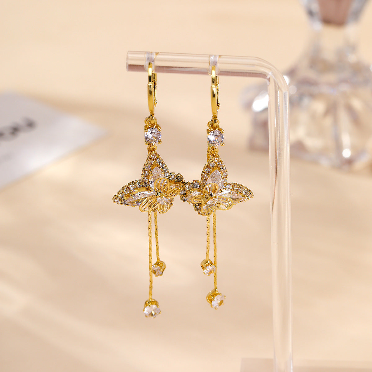 Elegant Butterfly Tassel Clip Earrings For Women In Real Gold Plated Copper