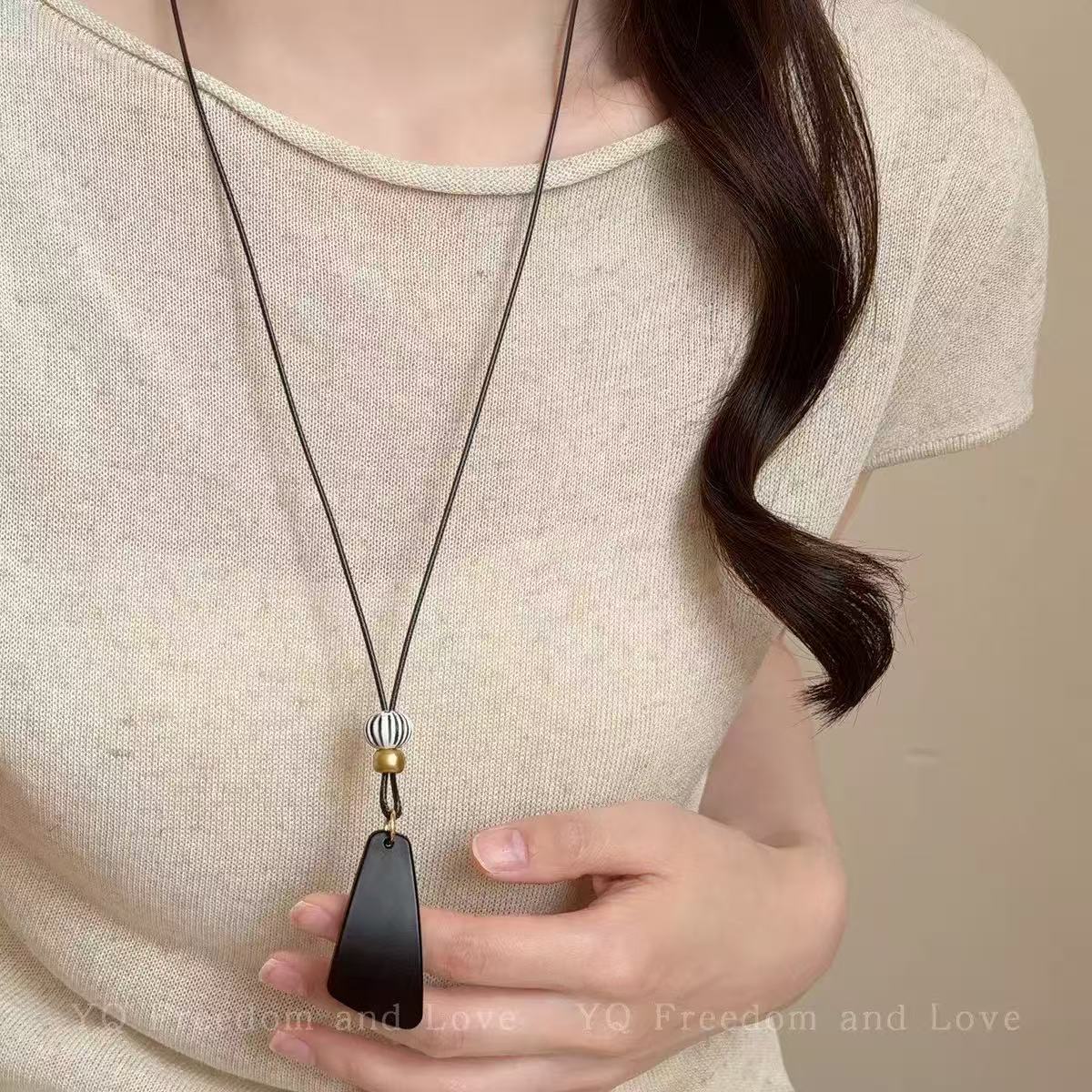 Bohemian Ethnic Long Necklace For Women Featuring Wood Carving Pendant On Cord String
