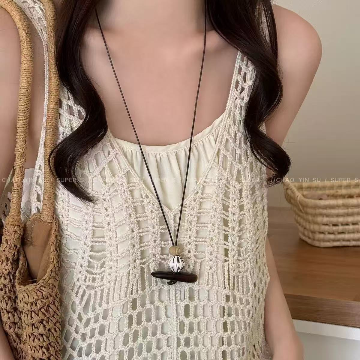 Bohemian Ethnic Long Necklace For Women Featuring Wood Carving Pendant On Cord String