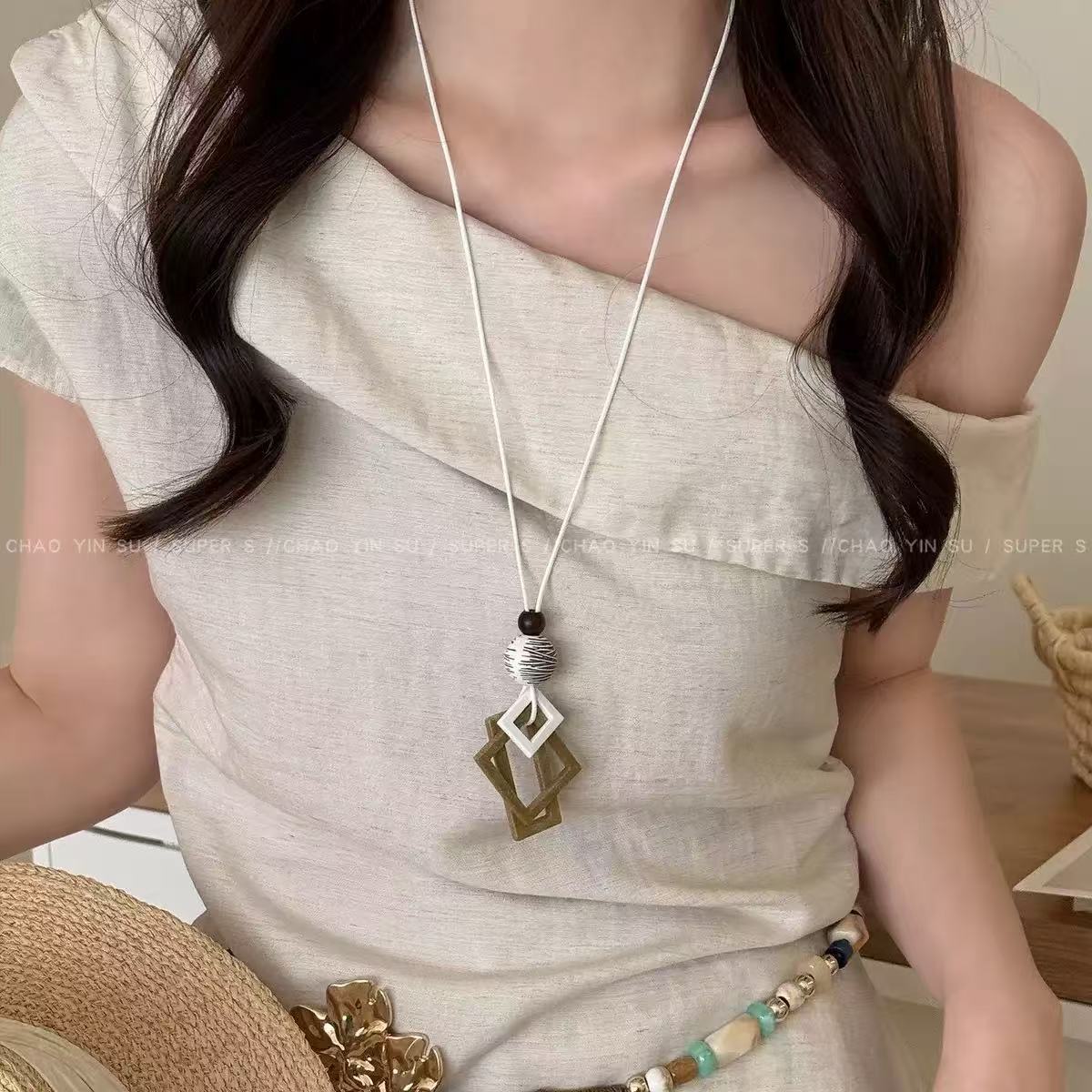 Bohemian Ethnic Long Necklace For Women Featuring Wood Carving Pendant On Cord String