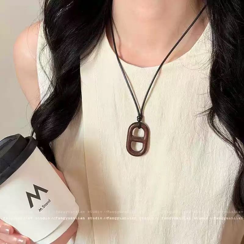 Bohemian Ethnic Long Necklace For Women Featuring Wood Carving Pendant On Cord String