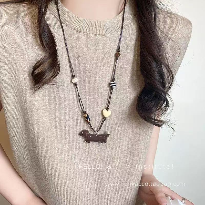 Bohemian Ethnic Long Necklace For Women Featuring Wood Carving Pendant On Cord String