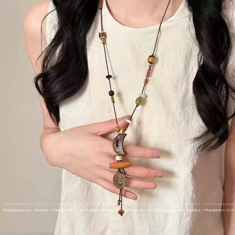 Bohemian Ethnic Long Necklace For Women Featuring Wood Carving Pendant On Cord String