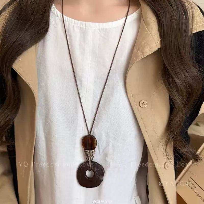 Bohemian Ethnic Long Necklace For Women Featuring Wood Carving Pendant On Cord String