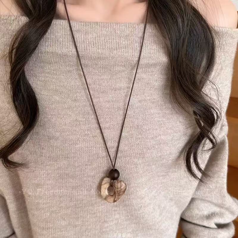 Bohemian Ethnic Long Necklace For Women Featuring Wood Carving Pendant On Cord String