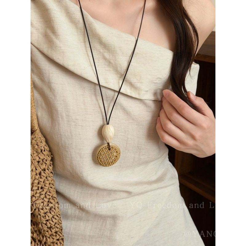 Bohemian Ethnic Long Necklace For Women Featuring Wood Carving Pendant On Cord String