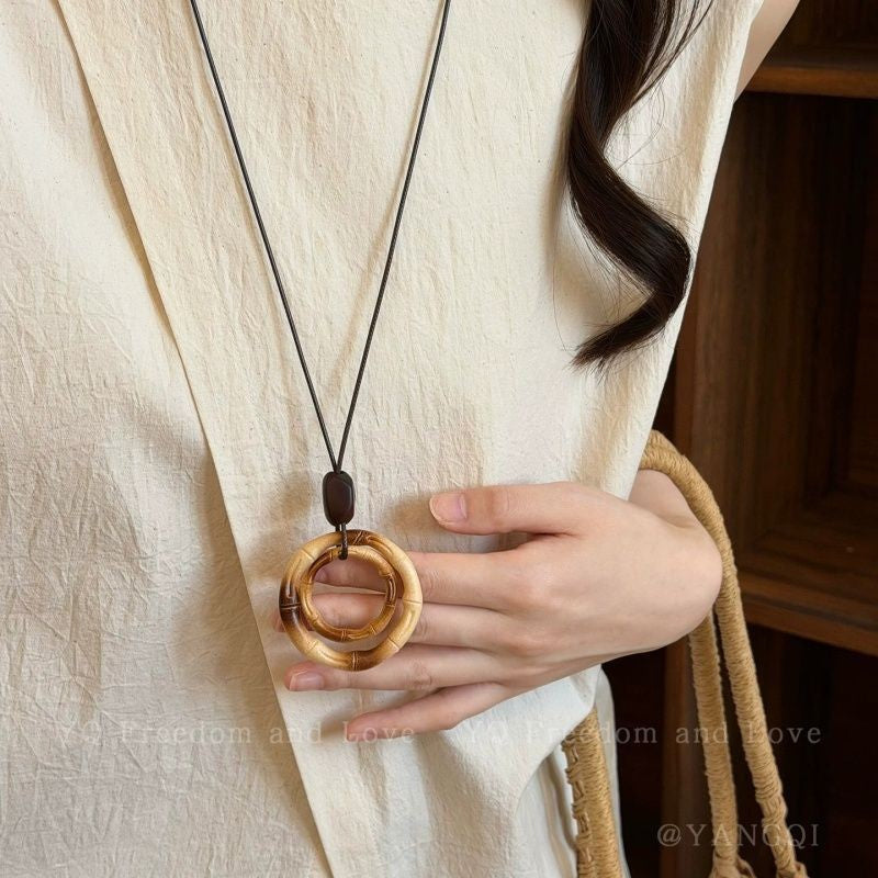 Bohemian Ethnic Long Necklace For Women Featuring Wood Carving Pendant On Cord String