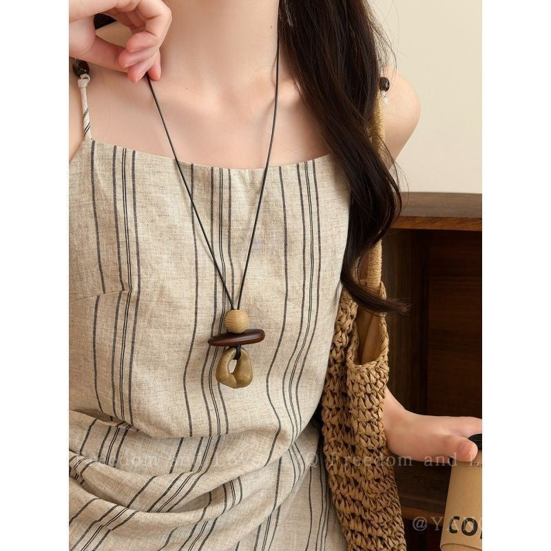 Bohemian Ethnic Long Necklace For Women Featuring Wood Carving Pendant On Cord String
