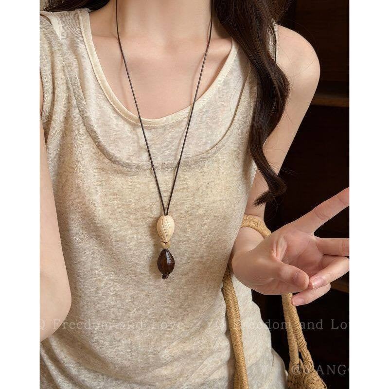 Bohemian Ethnic Long Necklace For Women Featuring Wood Carving Pendant On Cord String