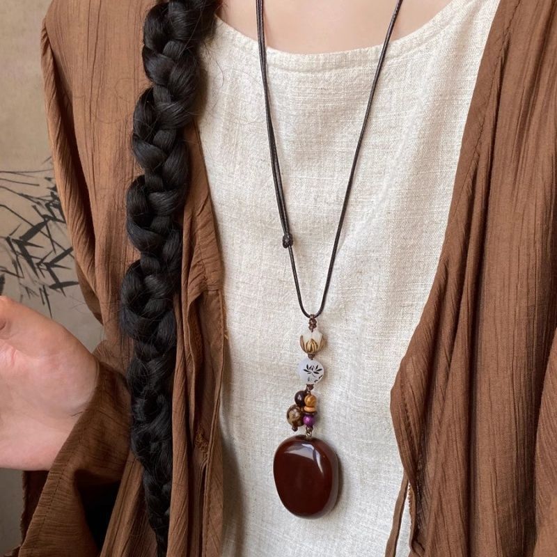 Bohemian Ethnic Long Necklace For Women Featuring Wood Carving Pendant On Cord String