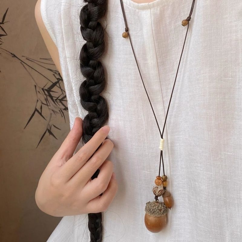 Bohemian Ethnic Long Necklace For Women Featuring Wood Carving Pendant On Cord String