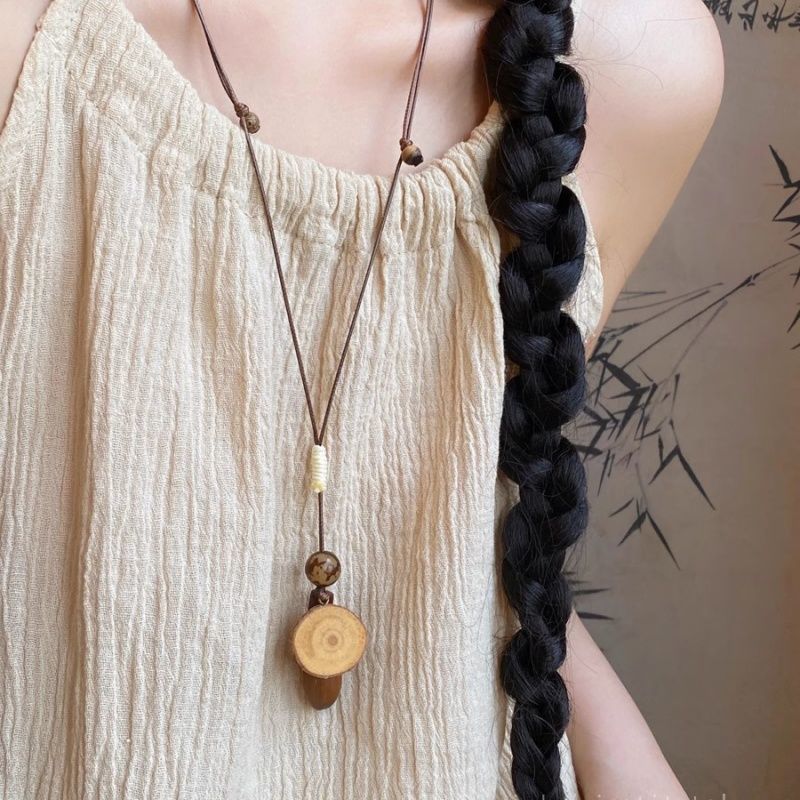Bohemian Ethnic Long Necklace For Women Featuring Wood Carving Pendant On Cord String