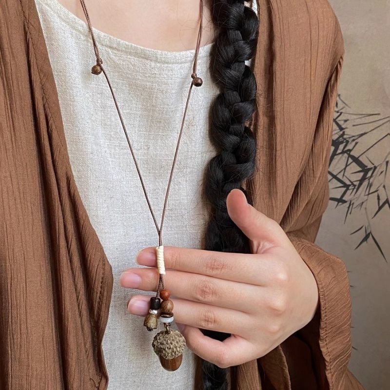 Bohemian Ethnic Long Necklace For Women Featuring Wood Carving Pendant On Cord String