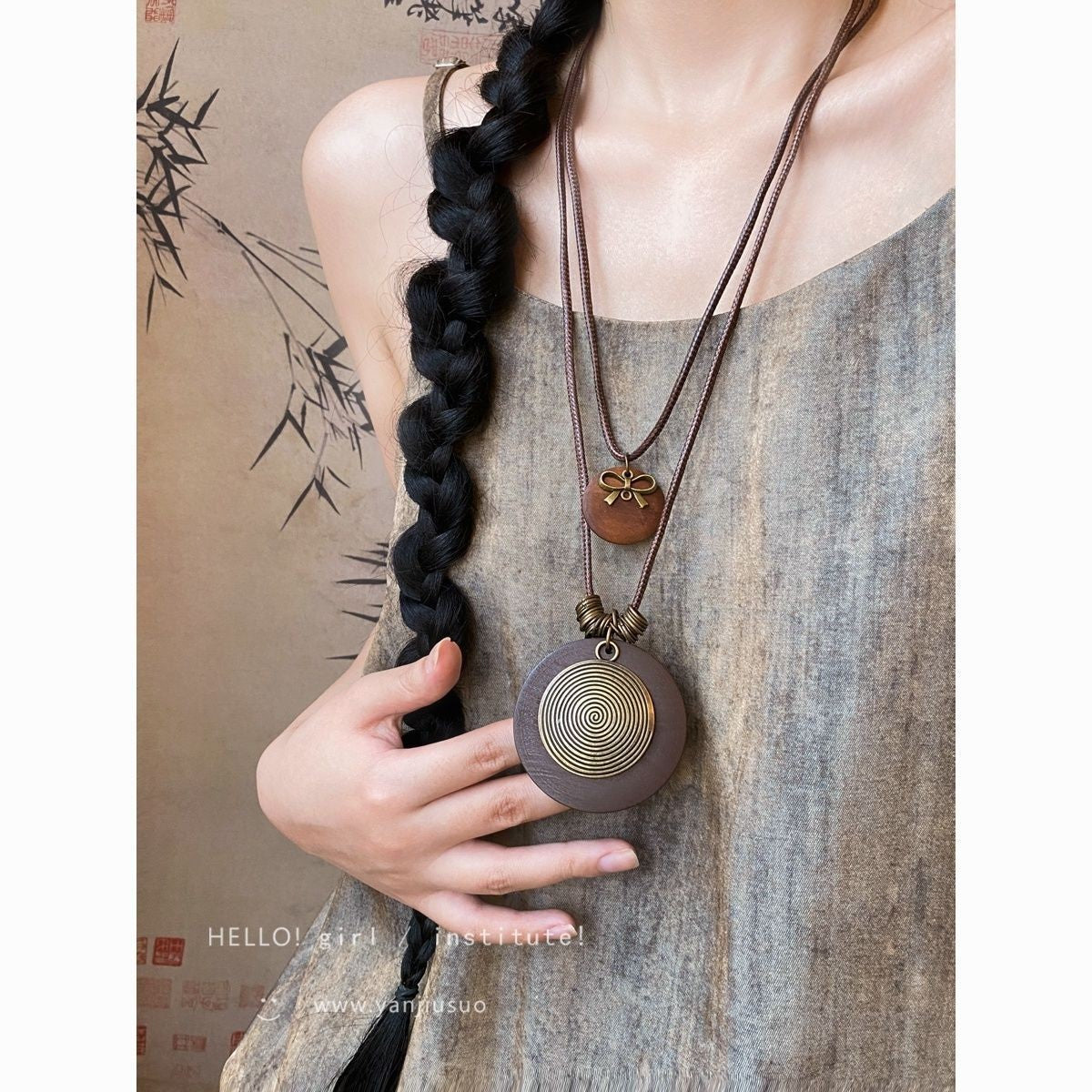 Bohemian Ethnic Long Necklace For Women Featuring Wood Carving Pendant On Cord String