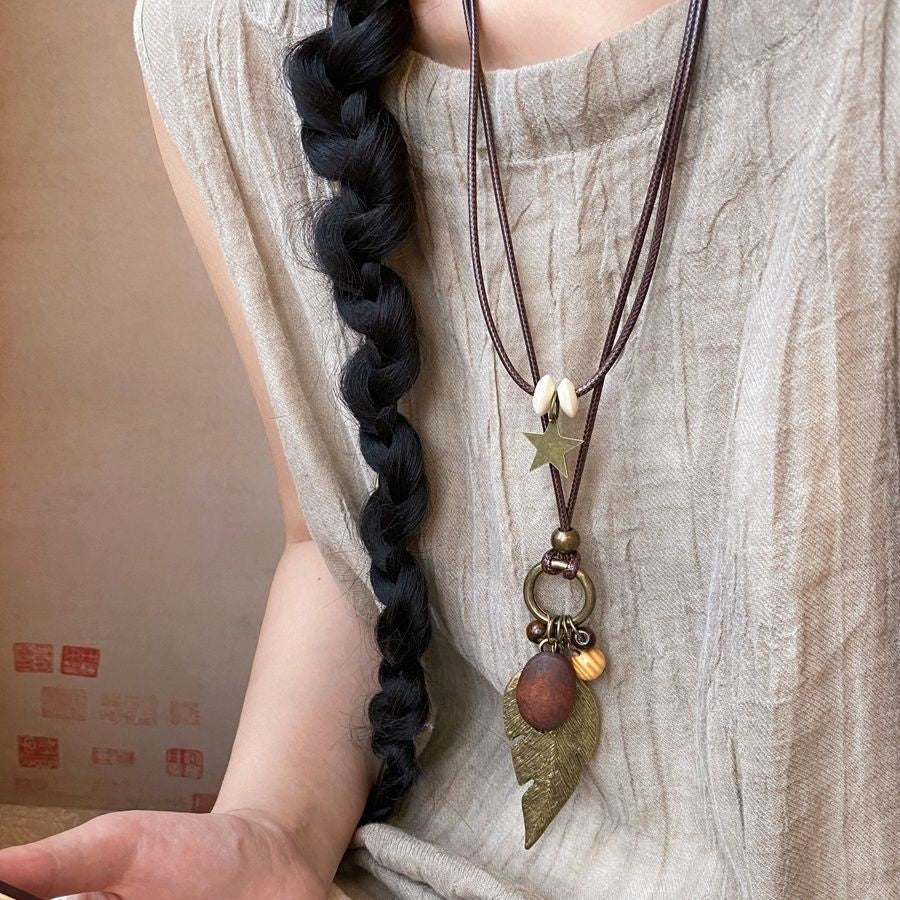 Bohemian Ethnic Long Necklace For Women Featuring Wood Carving Pendant On Cord String
