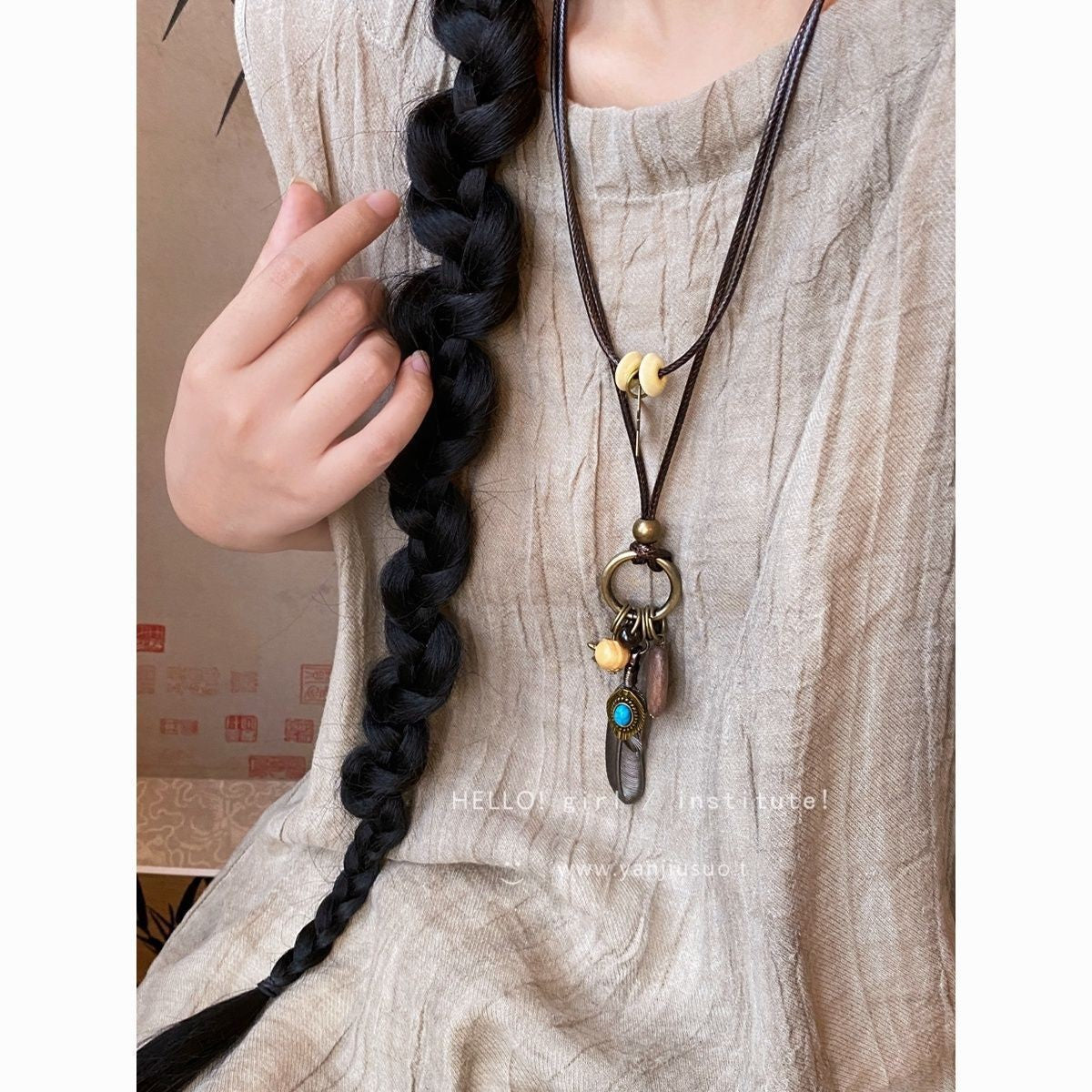 Bohemian Ethnic Long Necklace For Women Featuring Wood Carving Pendant On Cord String