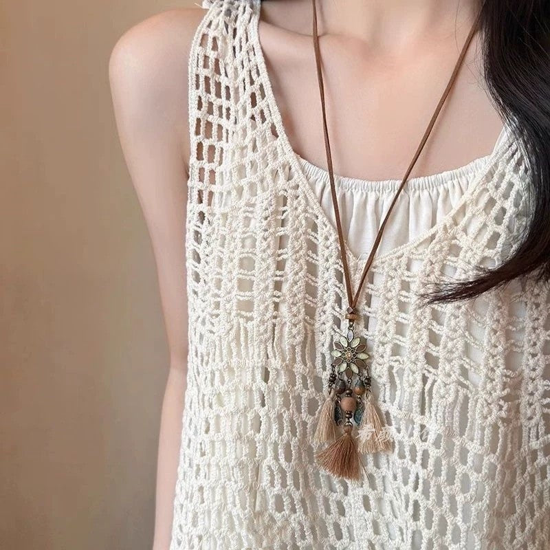 Bohemian Ethnic Long Necklace For Women Featuring Wood Carving Pendant On Cord String
