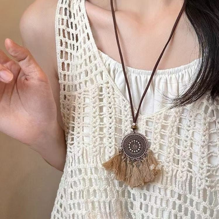 Bohemian Ethnic Long Necklace For Women Featuring Wood Carving Pendant On Cord String