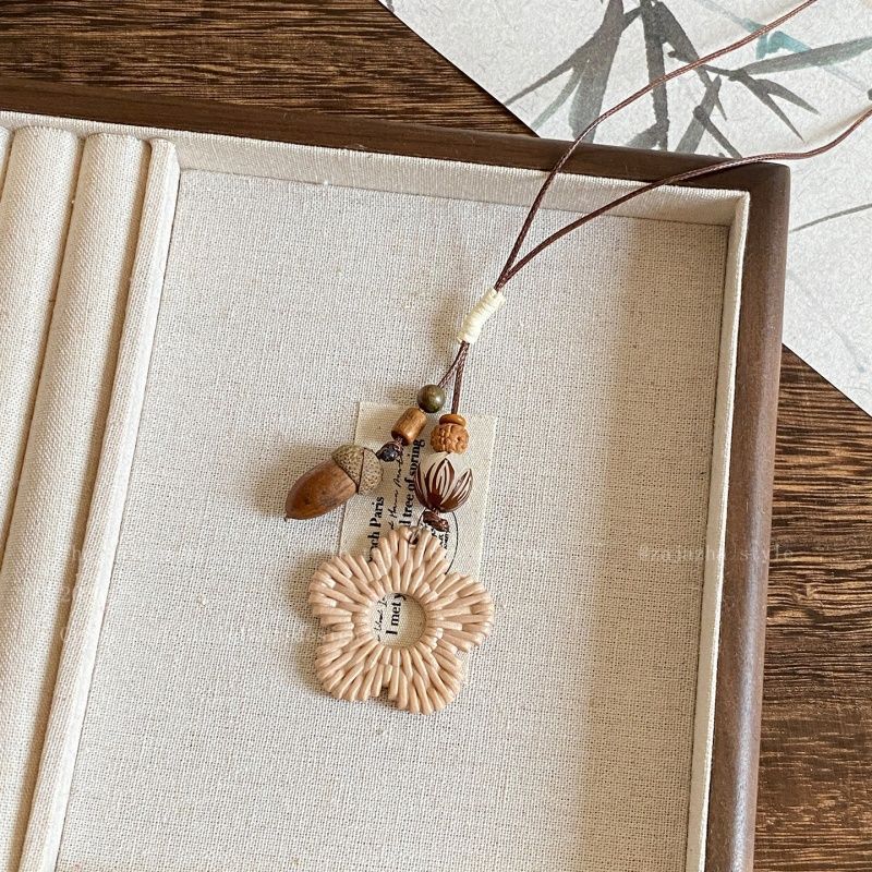 Bohemian Ethnic Long Necklace For Women Featuring Wood Carving Pendant On Cord String