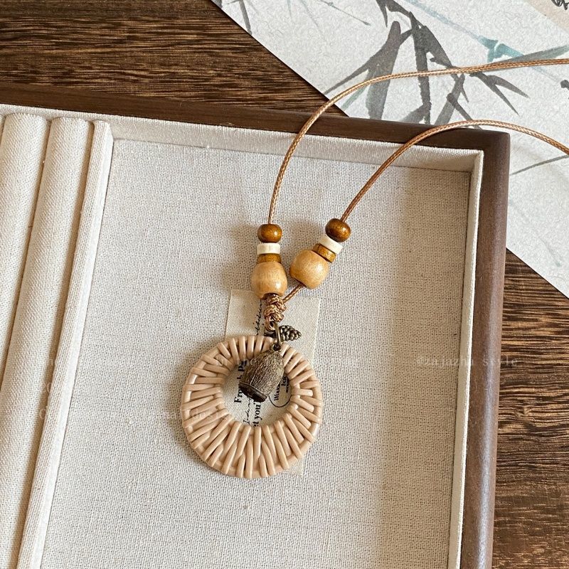 Bohemian Ethnic Long Necklace For Women Featuring Wood Carving Pendant On Cord String