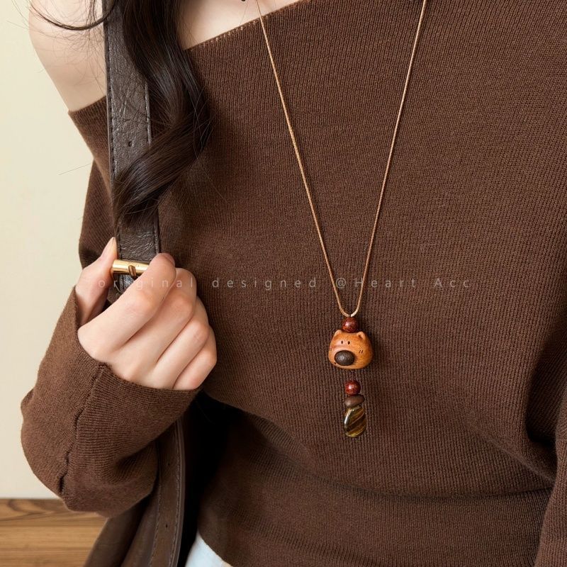 Bohemian Ethnic Long Necklace For Women Featuring Wood Carving Pendant On Cord String