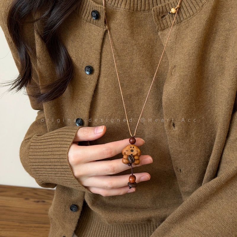 Bohemian Ethnic Long Necklace For Women Featuring Wood Carving Pendant On Cord String