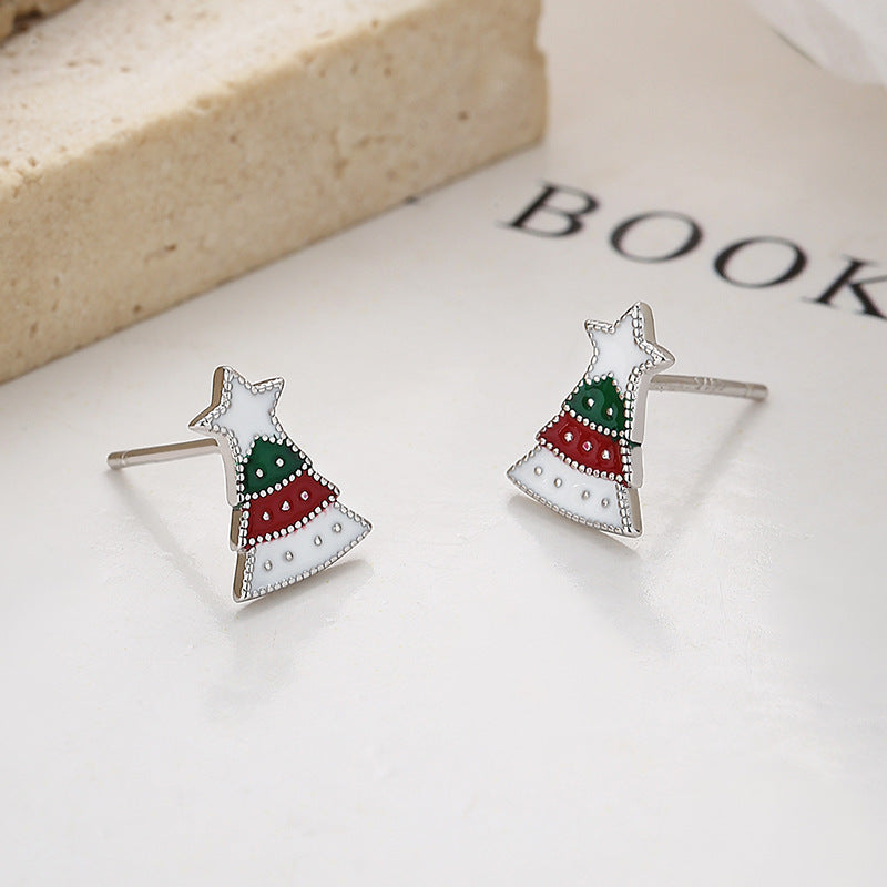 Christmas Tree Stud Earrings For Women In Simple Style, Made Of 925 Sterling Silver With Electroplated Gold Plating