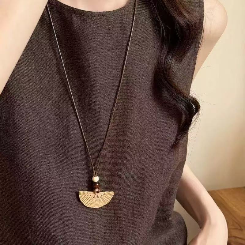Bohemian Ethnic Long Necklace For Women Featuring Wood Carving Pendant On Cord String