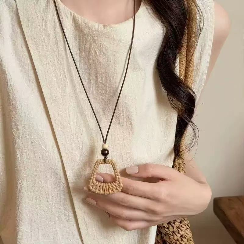 Bohemian Ethnic Long Necklace For Women Featuring Wood Carving Pendant On Cord String