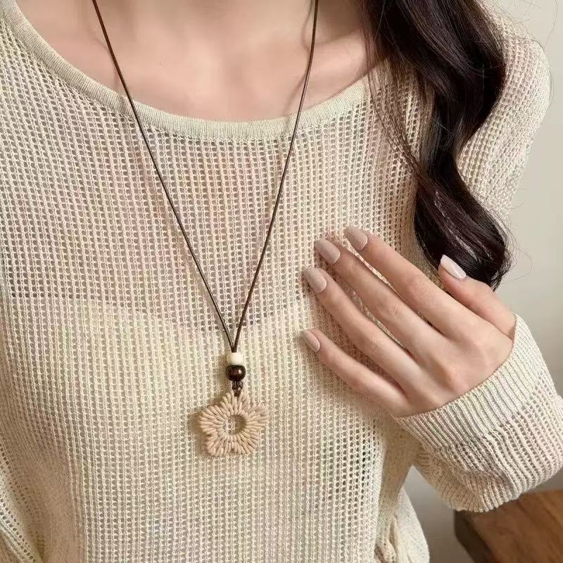 Bohemian Ethnic Long Necklace For Women Featuring Wood Carving Pendant On Cord String