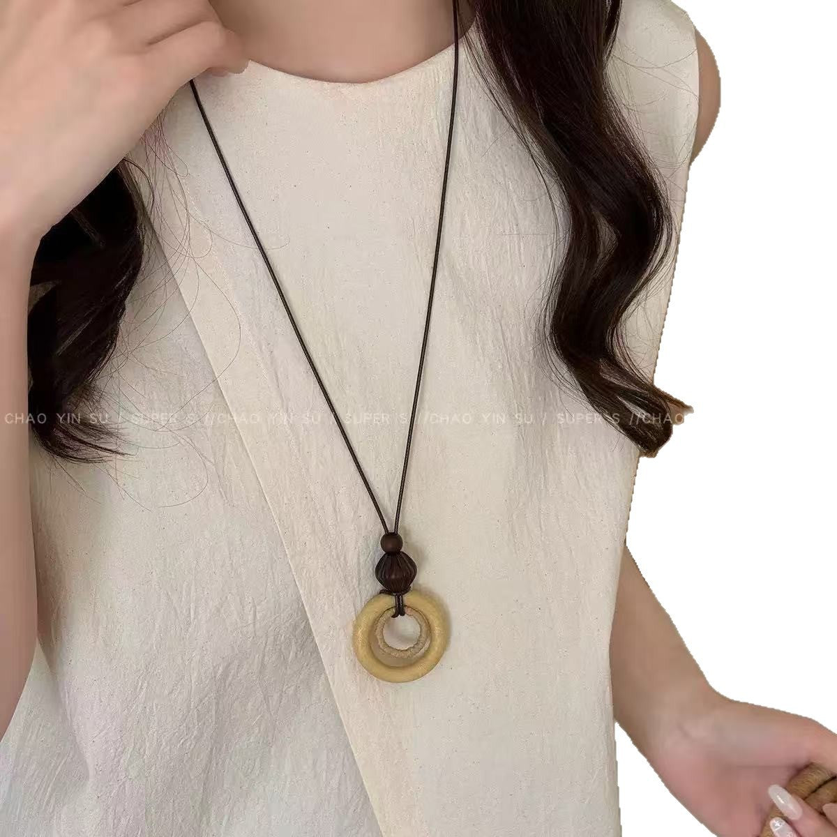 Bohemian Ethnic Long Necklace For Women Featuring Wood Carving Pendant On Cord String