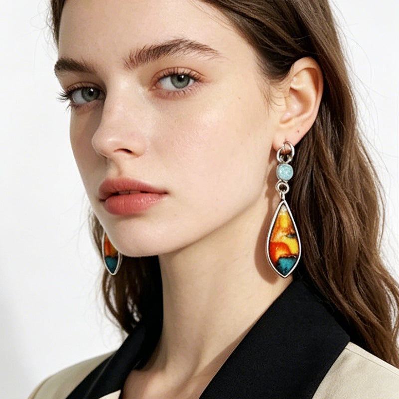 Oil Painting For Women Ombre Drop Earrings Featuring Rhinestones And Zinc Alloy Ear Pins