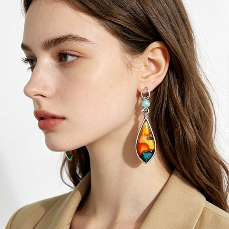 Oil Painting For Women Ombre Drop Earrings Featuring Rhinestones And Zinc Alloy Ear Pins
